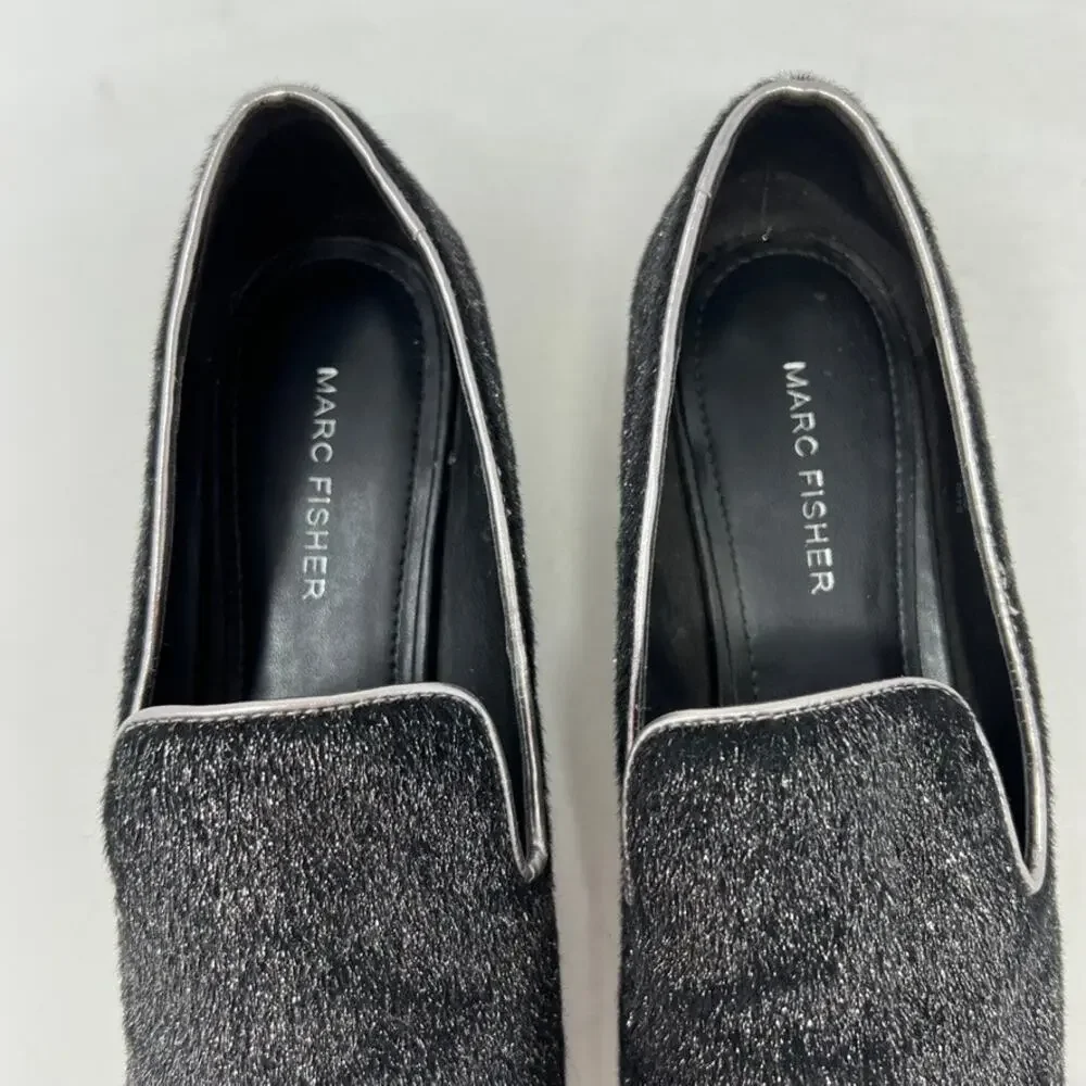 Marc Fisher Black Silver Shimmer Studded Abree Faux Fur Womens Loafers Shoes 7.5